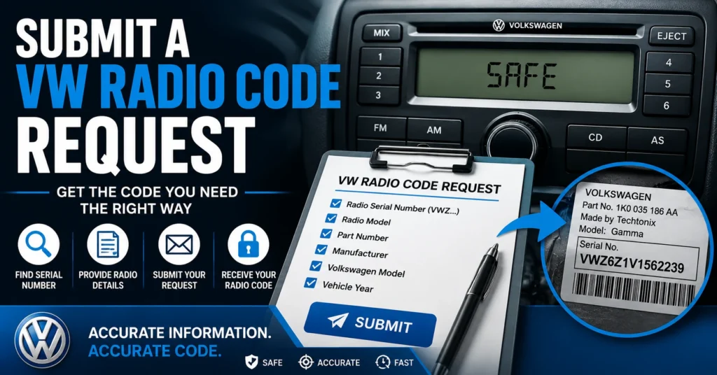VW radio code request guide with Volkswagen radio serial number