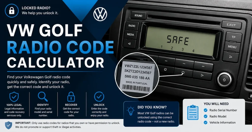 VW Golf radio code calculator for finding a Volkswagen Golf radio code