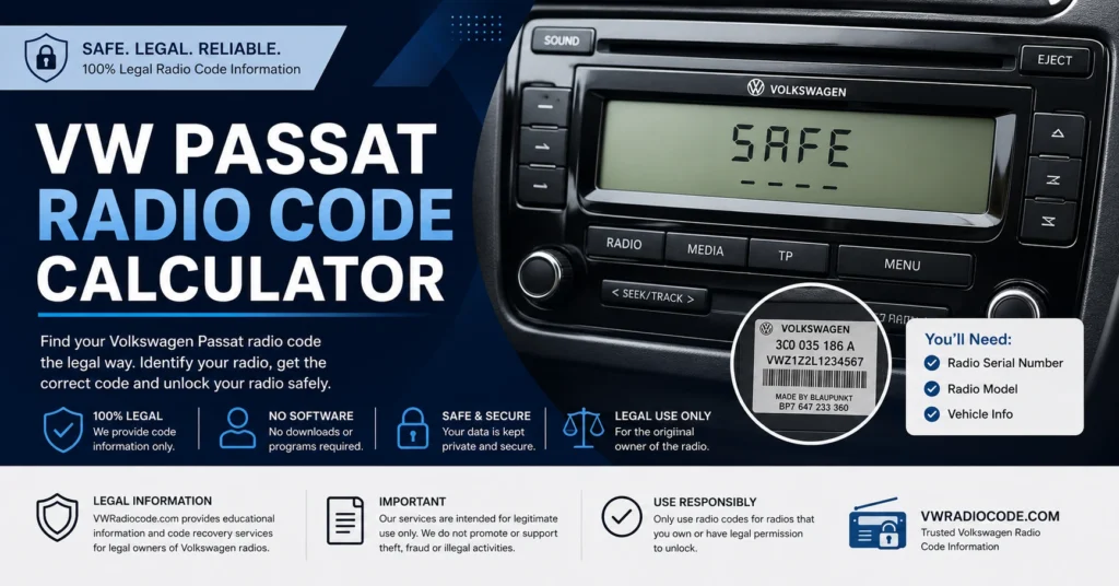 VW Passat radio code calculator and Volkswagen radio displaying SAFE