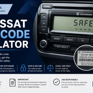 VW Passat radio code calculator and Volkswagen radio displaying SAFE