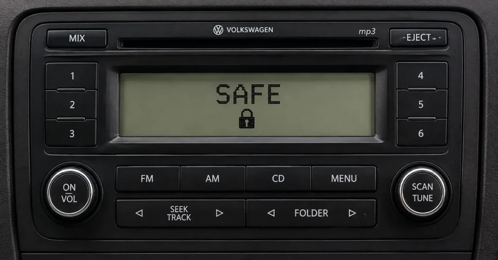 VW Beetle radio displaying SAFE with lock symbol