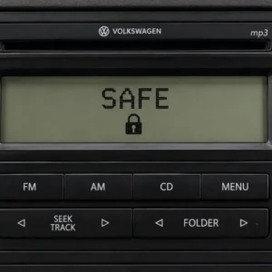 VW Beetle radio displaying SAFE with lock symbol