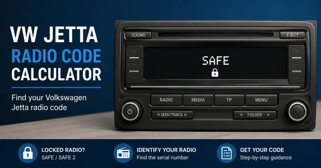 VW Jetta radio displaying SAFE for radio code identification