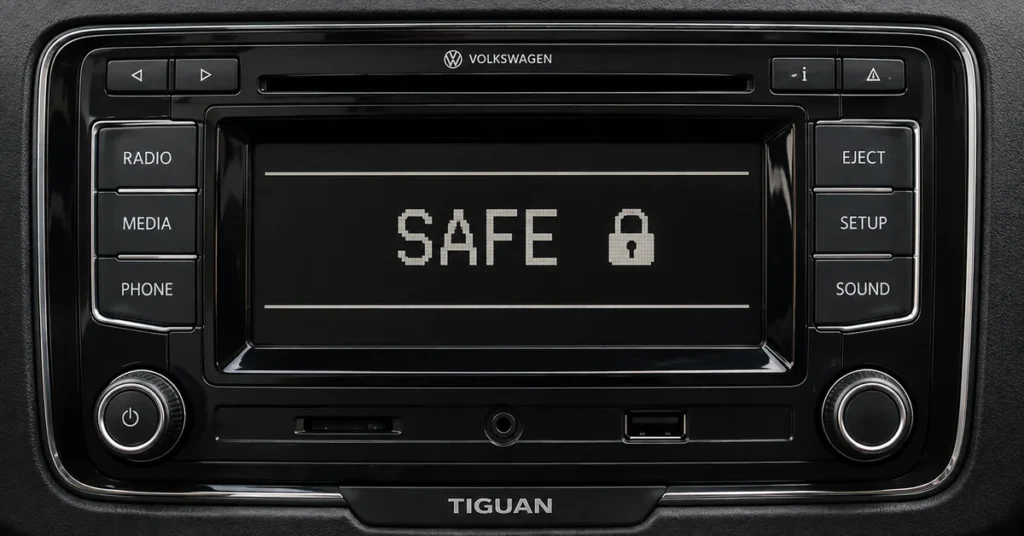 VW Tiguan radio displaying SAFE with a lock symbol