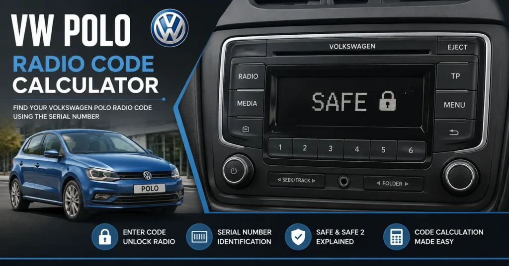 VW Polo radio code calculator with radio displaying SAFE