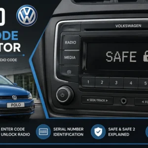 VW Polo radio code calculator with radio displaying SAFE