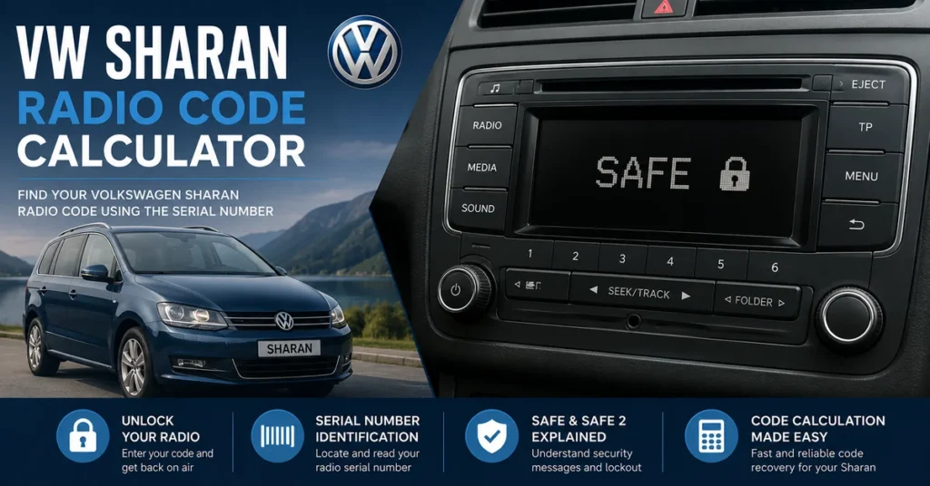 VW Sharan radio displaying SAFE with lock symbol