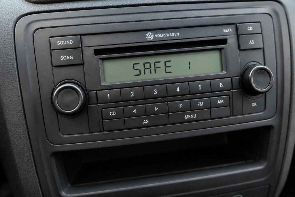 VW radio code calculator for a Volkswagen radio displaying SAFE