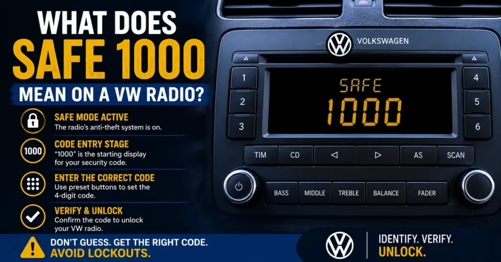 VW radio displaying SAFE 1000 during security code entry