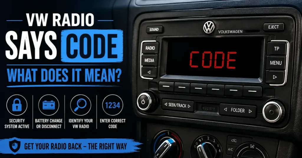 VW radio displaying CODE message for security code recovery