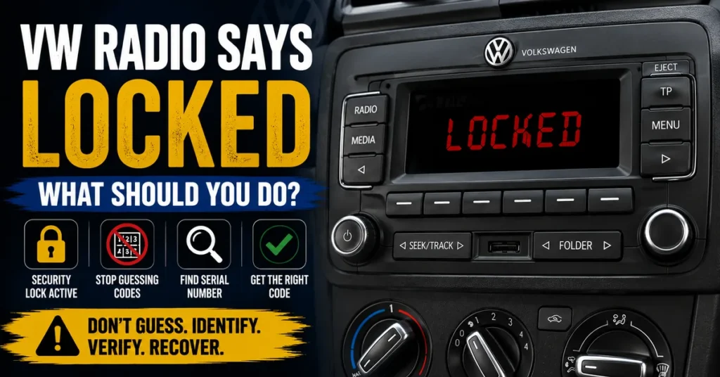 VW radio displaying LOCKED message during security lockout