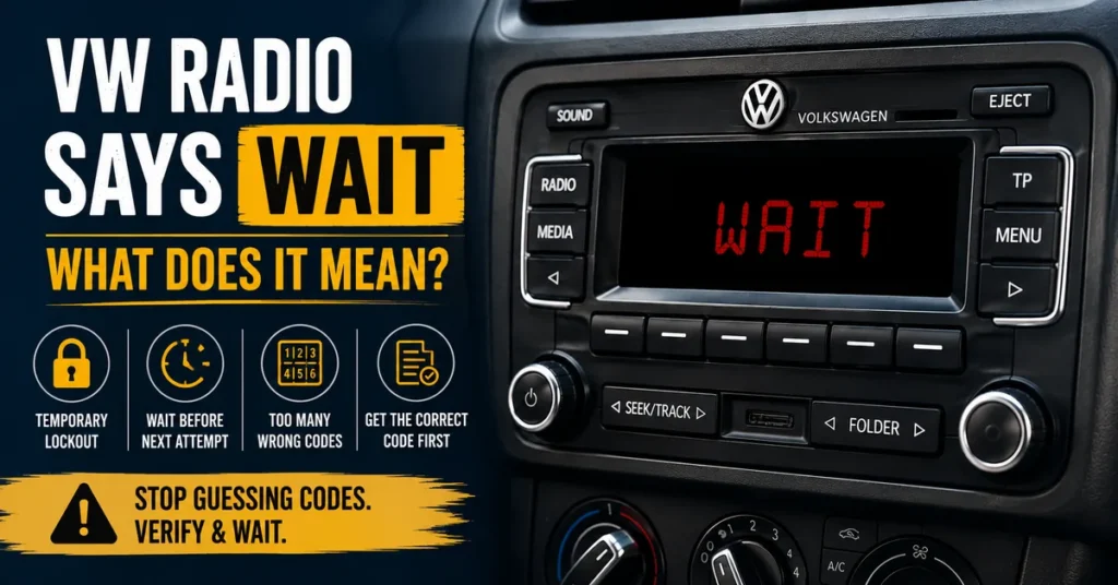 VW radio displaying WAIT message during security lockout