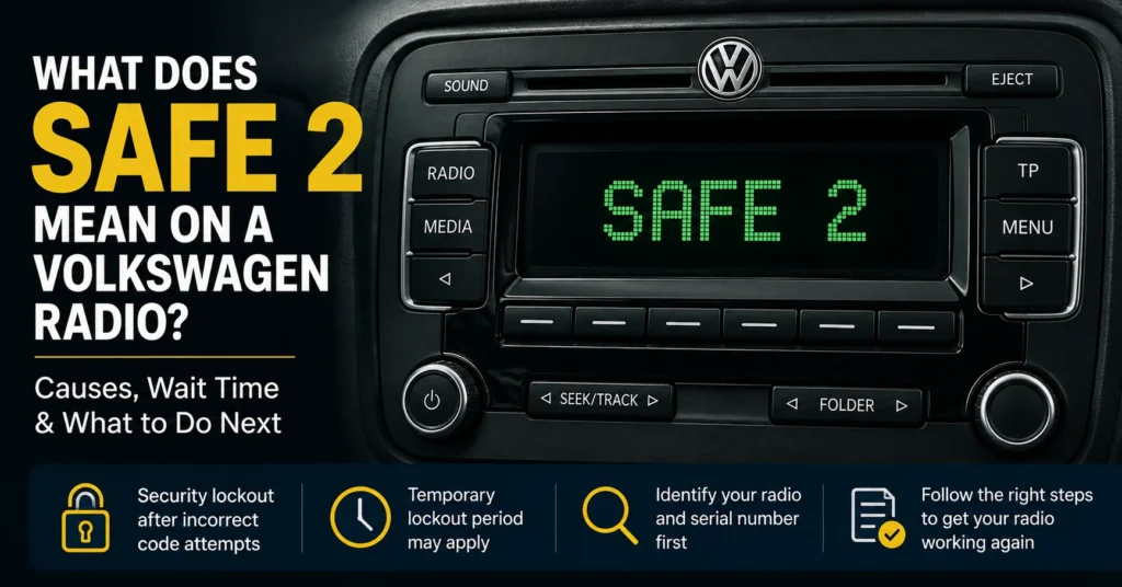 Volkswagen radio displaying SAFE 2 security message