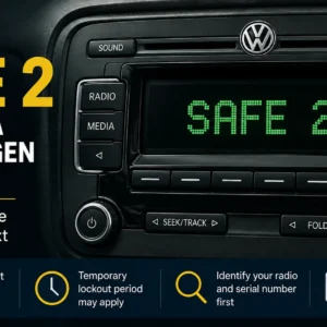 Volkswagen radio displaying SAFE 2 security message