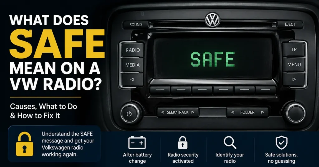 VW radio displaying SAFE security message
